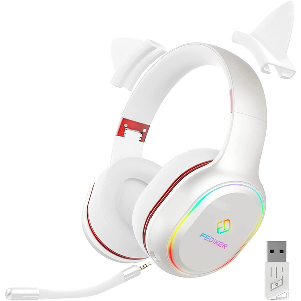 FEDIKER Wireless Gaming Headset for PS5 PS4 PC W3 USB Dongle Low Latency Bluetooth Headphones with Detachable Mic Mute Function RGB Immersive 4D Cute White Cat Ear Headset for Girls