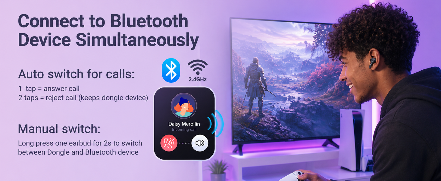 SW4 Pro dongle and Bluetooth connections: hold either earbud for two seconds to switch audio modes.