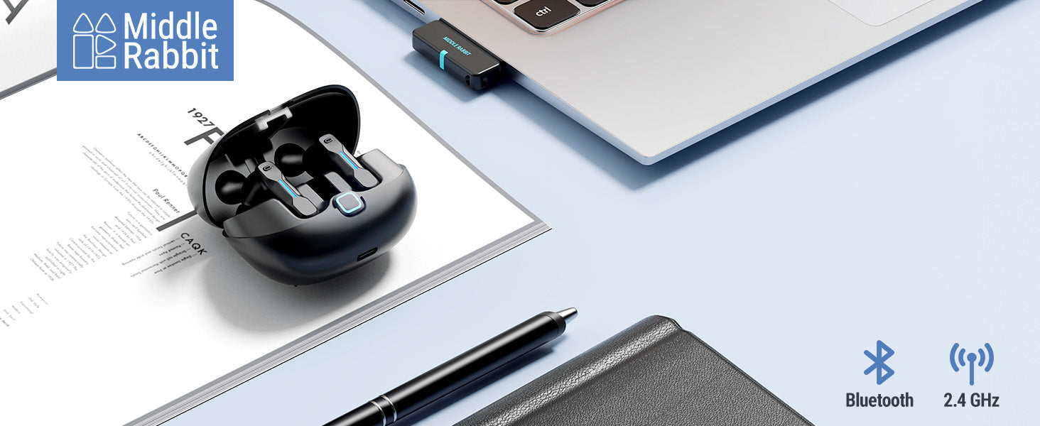 SW5 Workbuds, charging case and USB dongle on a desk
